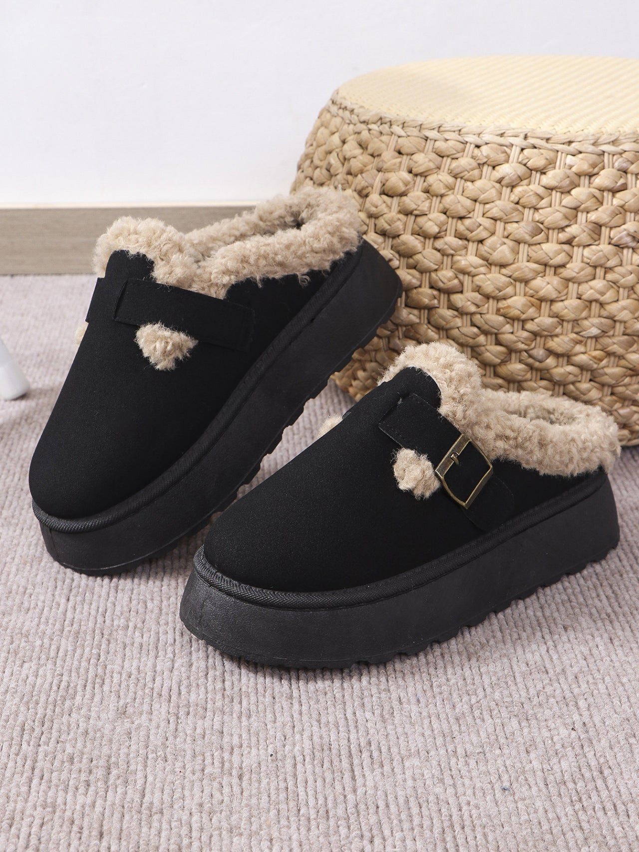 Cozy Faux Fur Buckle Platform Slippers