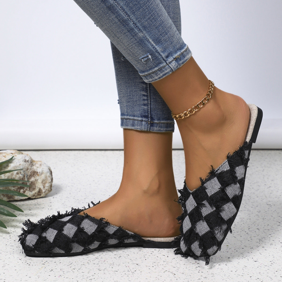 Plaid Square Toe Comfort Flats