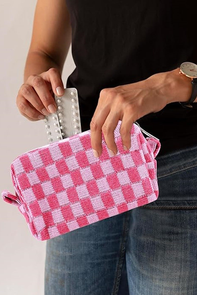 Chic Knitted Checkered Makeup Organizer Pouch