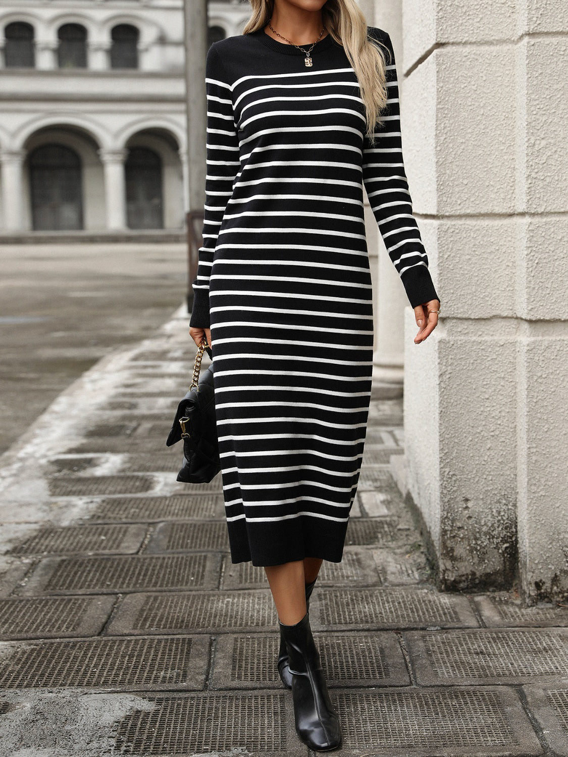 Striped Round Neck Long Sleeve Dress - ShopEasier