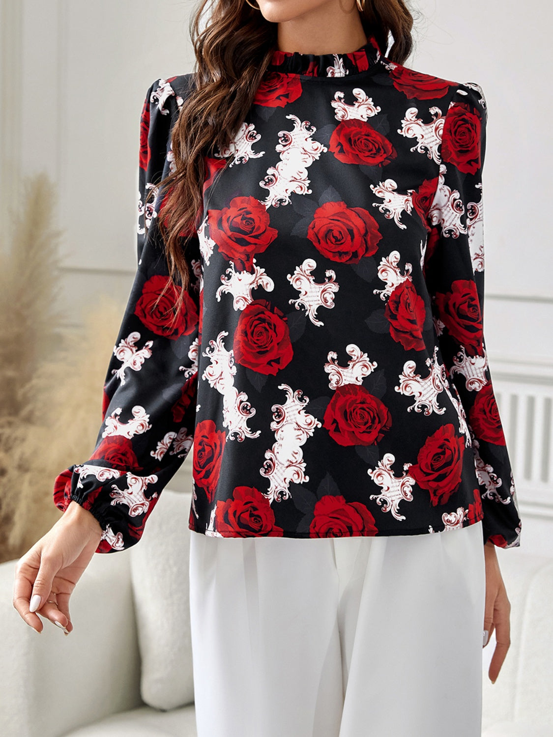 Frilled Floral High Neck Blouse with Long Sleeves