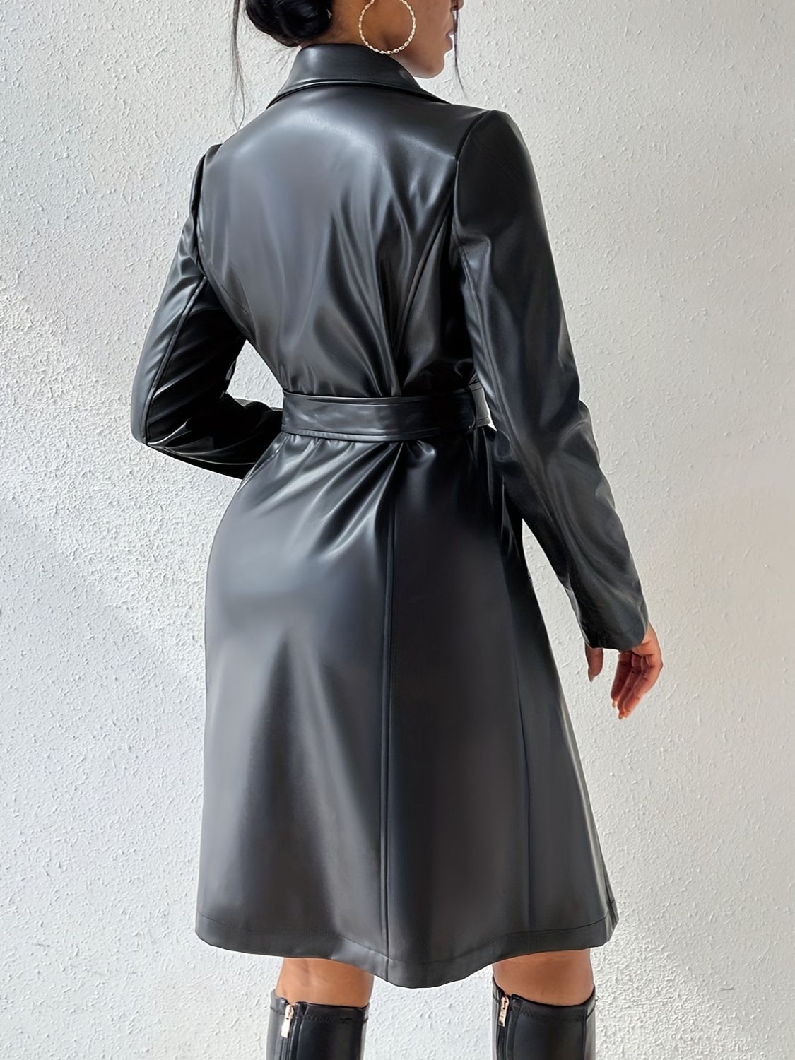 Tied PU Leather Long Sleeve Trench Coat - ShopEasier