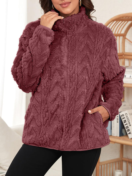 Fuzzy Zip Up Long Sleeve Jacket - ShopEasier