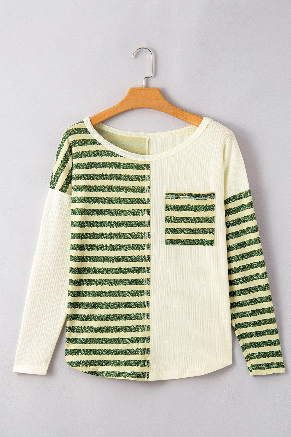 Pocketed Striped Long Sleeve Top with Round Neck