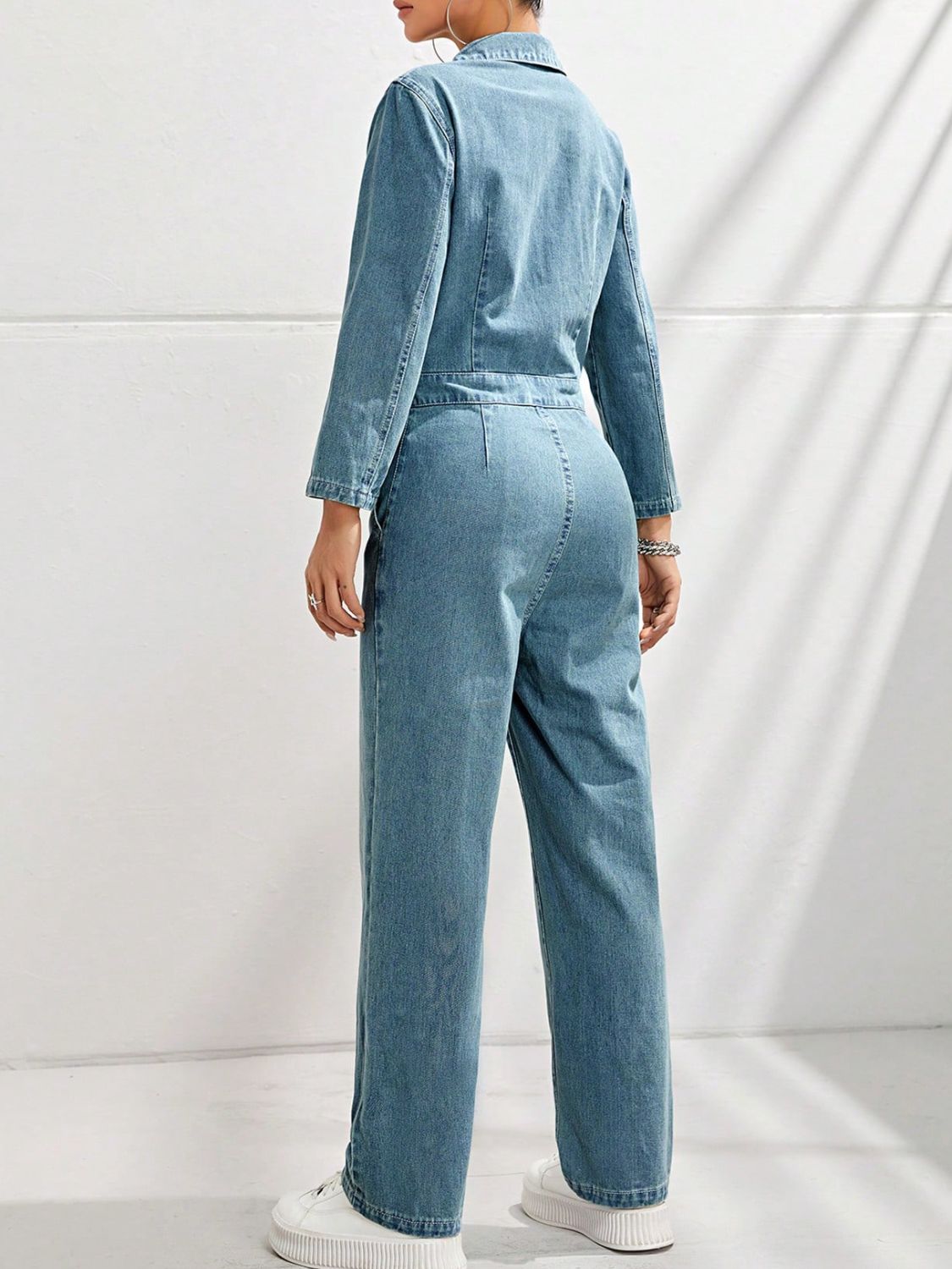 Half Button Long Sleeve Straight Leg Denim Jumpsuit - ShopEasier