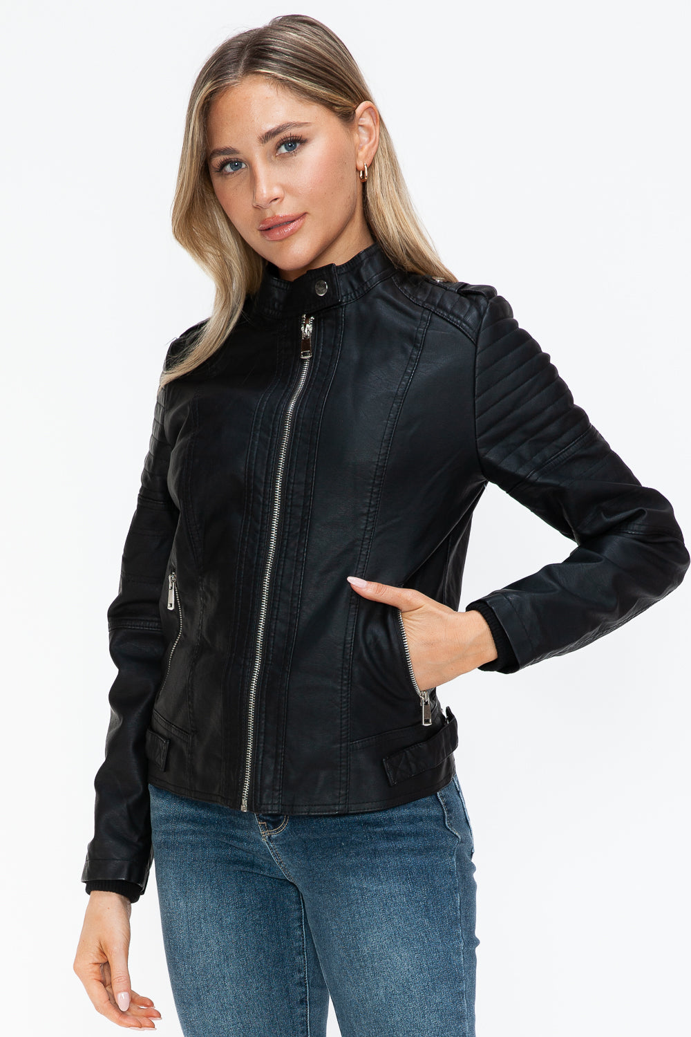 Snobbish PU Leather Biker Jacket with Side Zip Pockets - ShopEasier