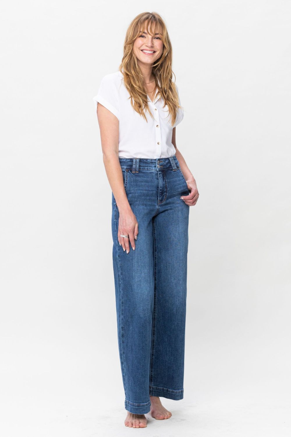 Judy Blue Full Size Double Button Wide Leg Jeans - ShopEasier