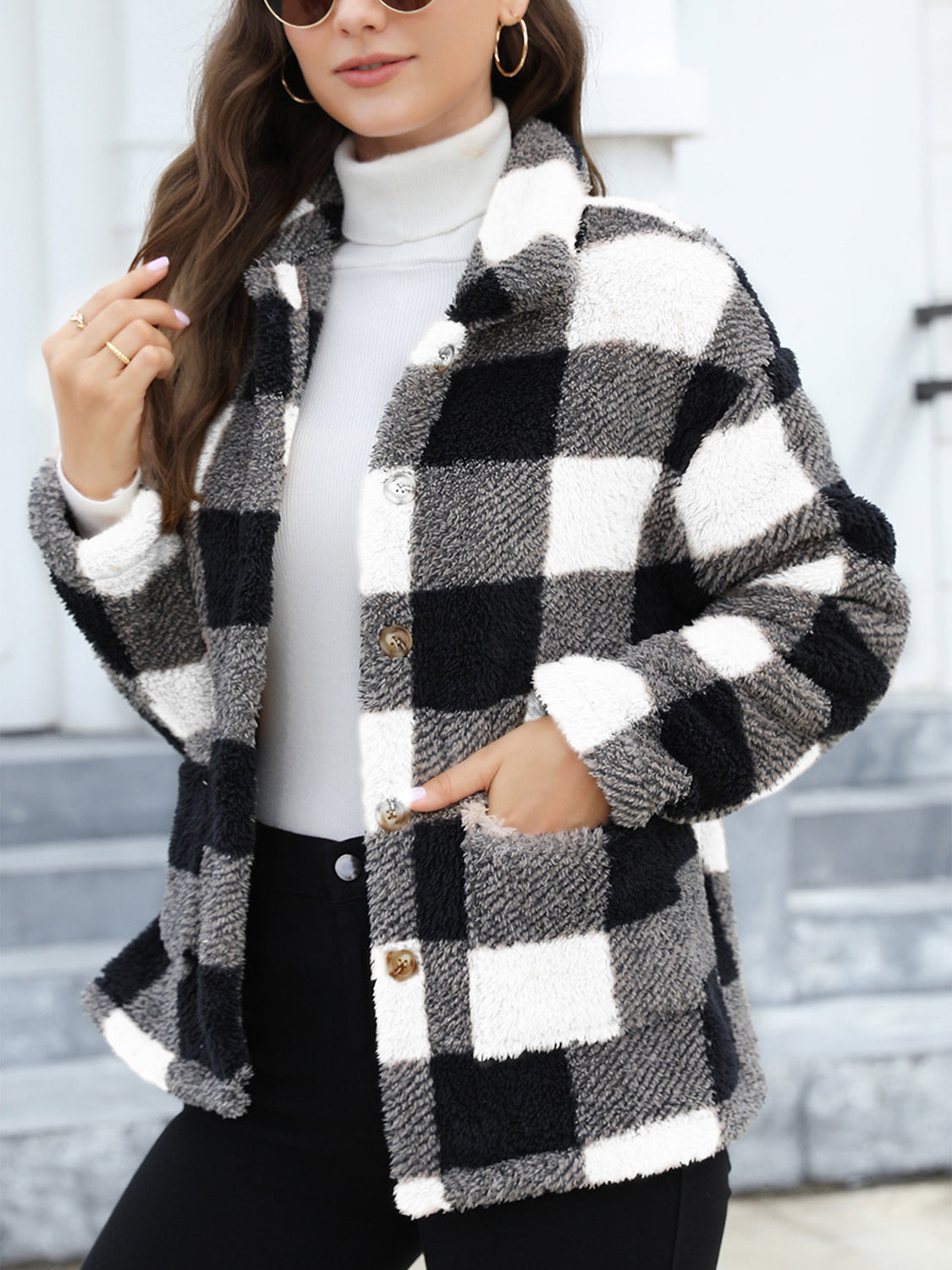 Button Up Drop Shoulder Fuzzy Jacket - ShopEasier