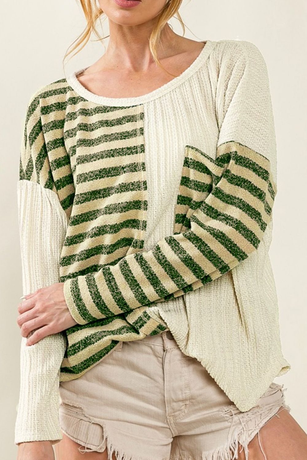 Pocketed Striped Long Sleeve Top with Round Neck