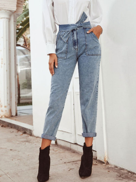 Tied Straight Leg Jeans with Pockets - ShopEasier