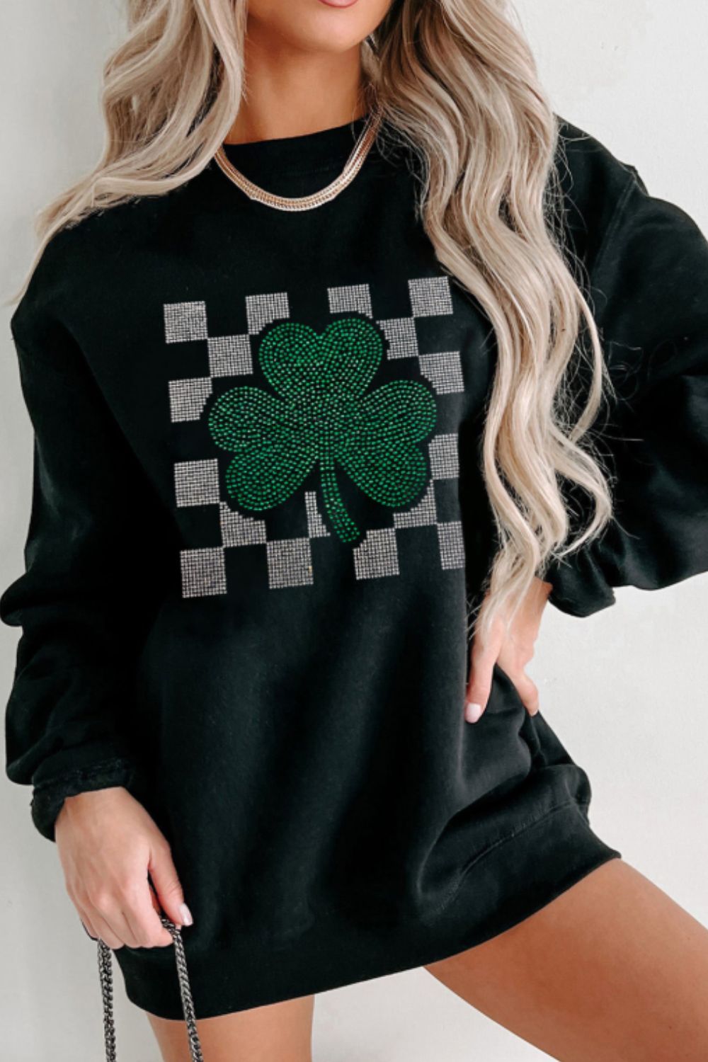 Rhinestone-Embellished Checkered Clover Crewneck Sweatshirt