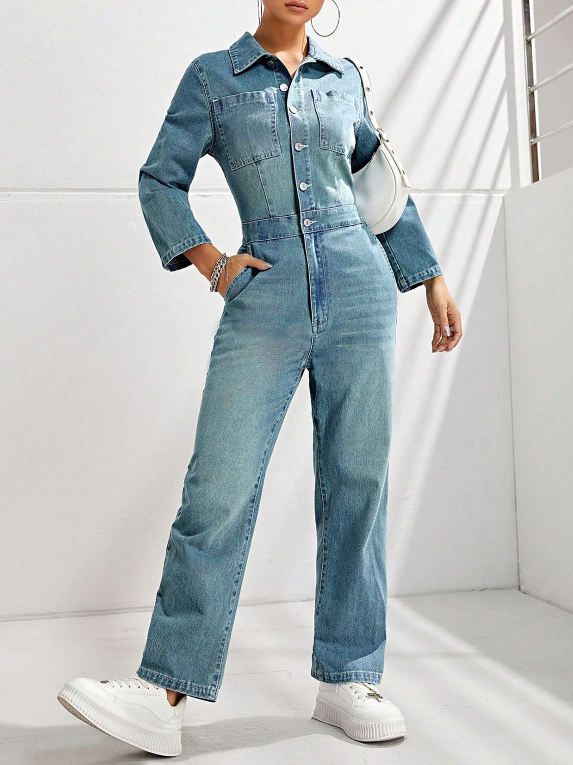 Half Button Long Sleeve Straight Leg Denim Jumpsuit - ShopEasier