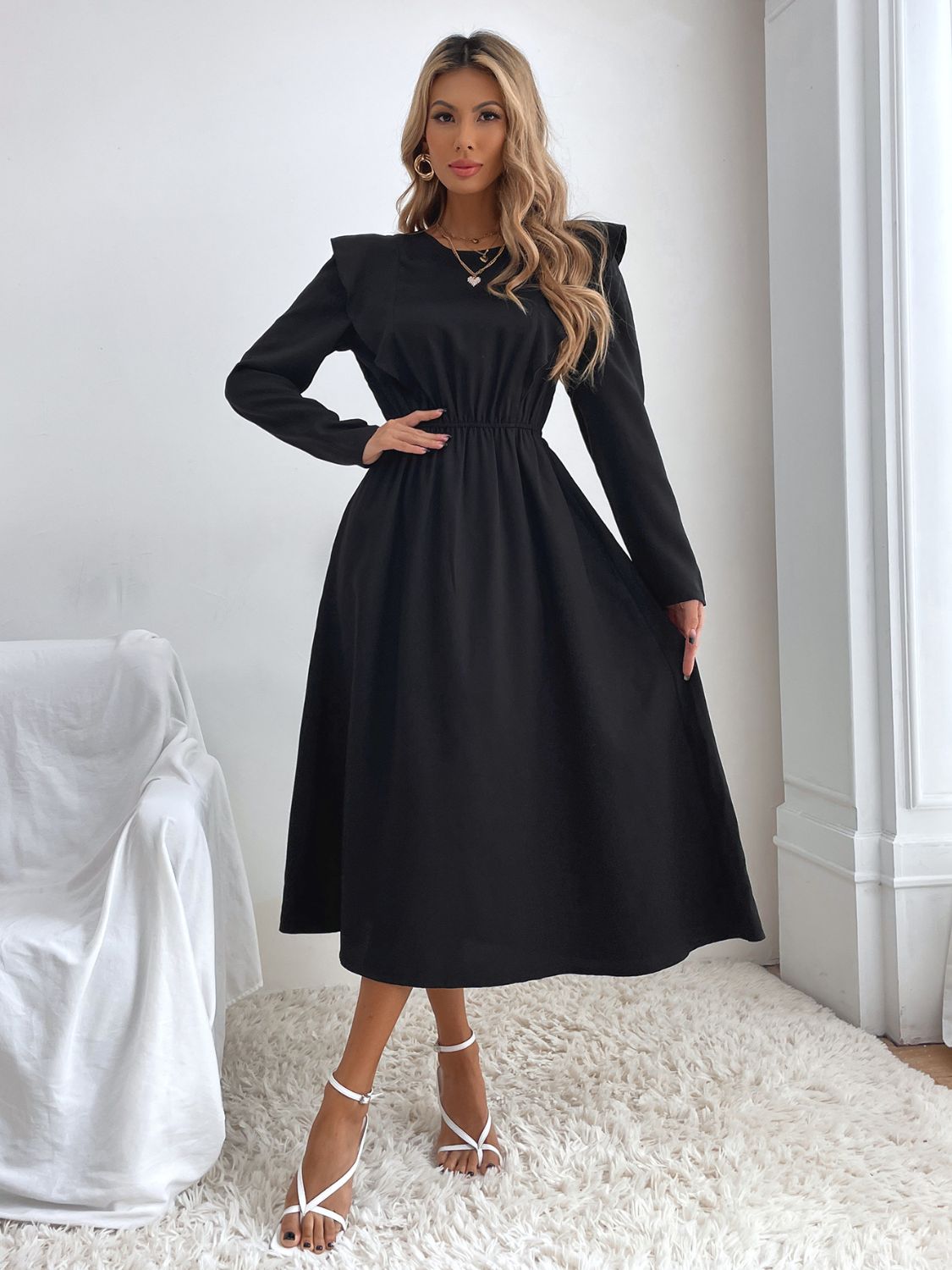 Ruched Ruffled Round Neck Long Sleeve Dress - ShopEasier