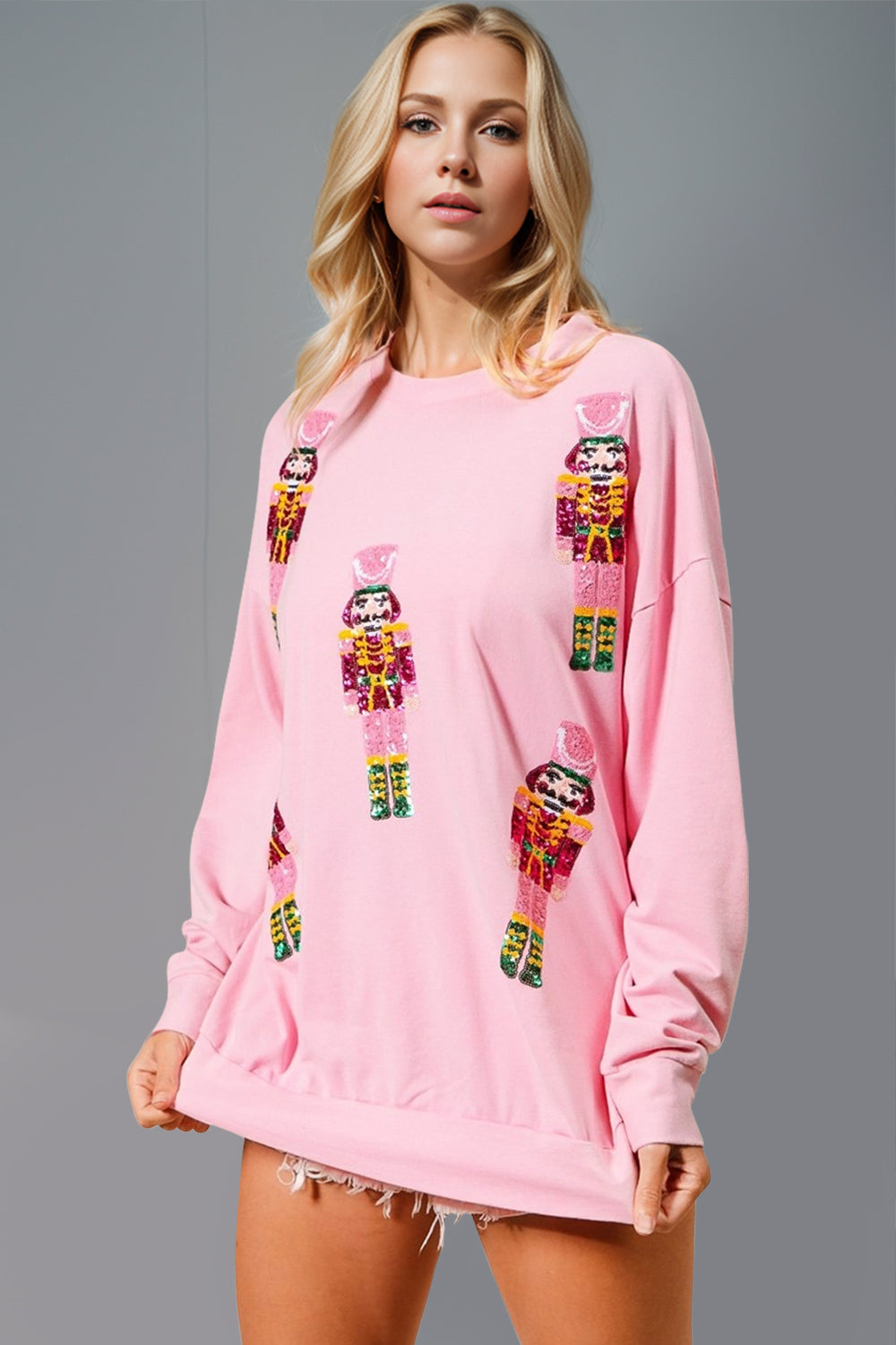 Double Take Sequin Nutcracker Round Neck Long Sleeve Sweatshirt - ShopEasier