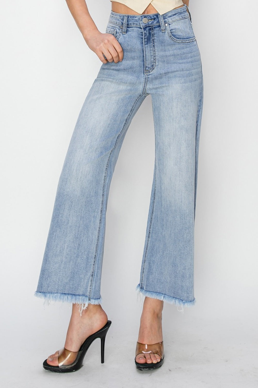 RISEN High Rise Crop Wide Fray Hem Jeans - ShopEasier