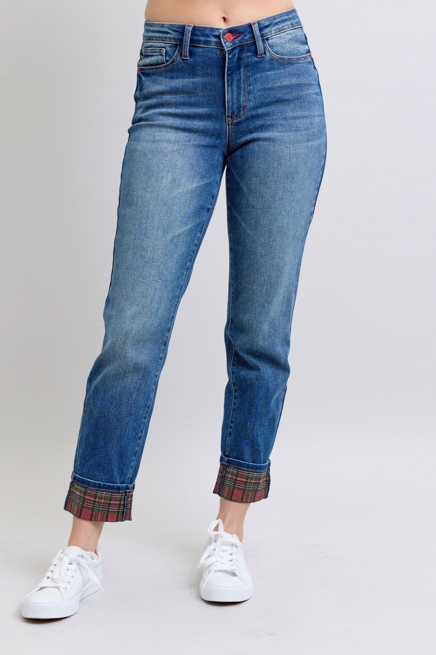 Judy Blue Full Size Plaid Print Cuff Straight Leg Jeans with Pockets - ShopEasier