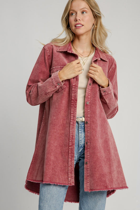 Umgee Raw Hem Button Down Denim Jacket with Chest Pockets - ShopEasier