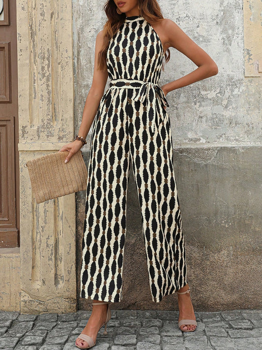 Grecian-Style Tied Neck Printed Jumpsuit