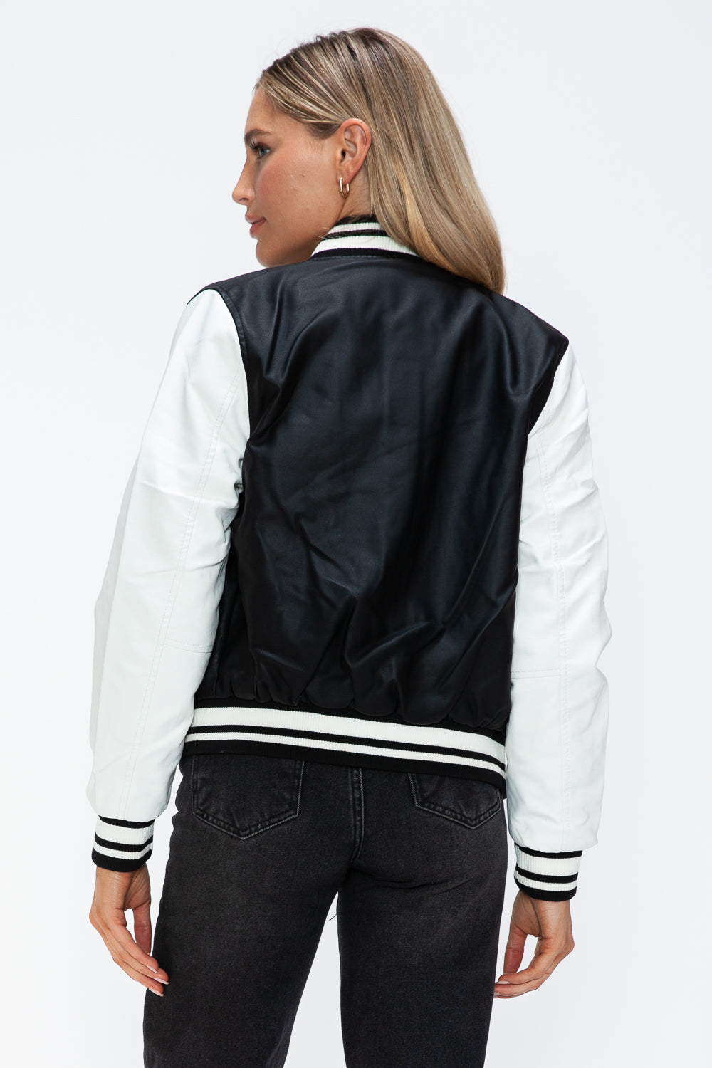 Love Me Now PU Leather Contrast Snap Down Bomber Jacket - ShopEasier