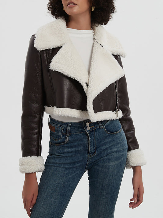 Collared Neck Long Sleeve Plush Cropped Jacket - ShopEasier