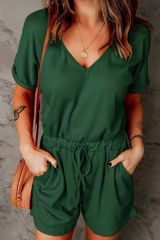 Full Size Drawstring V-Neck Short Sleeve Romper - ShopEasier