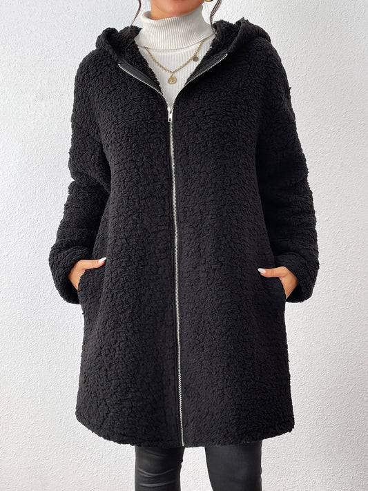 Zip Up Long Sleeve Sherpa Hooded Coat - ShopEasier