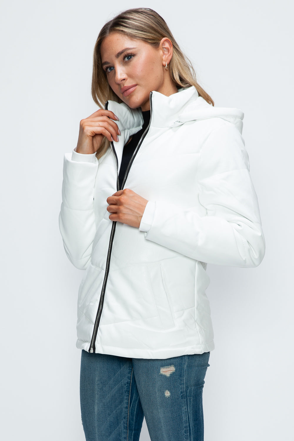 How Dare U Pocketed Zip Up Puffer Jacket with Removable Hood - ShopEasier