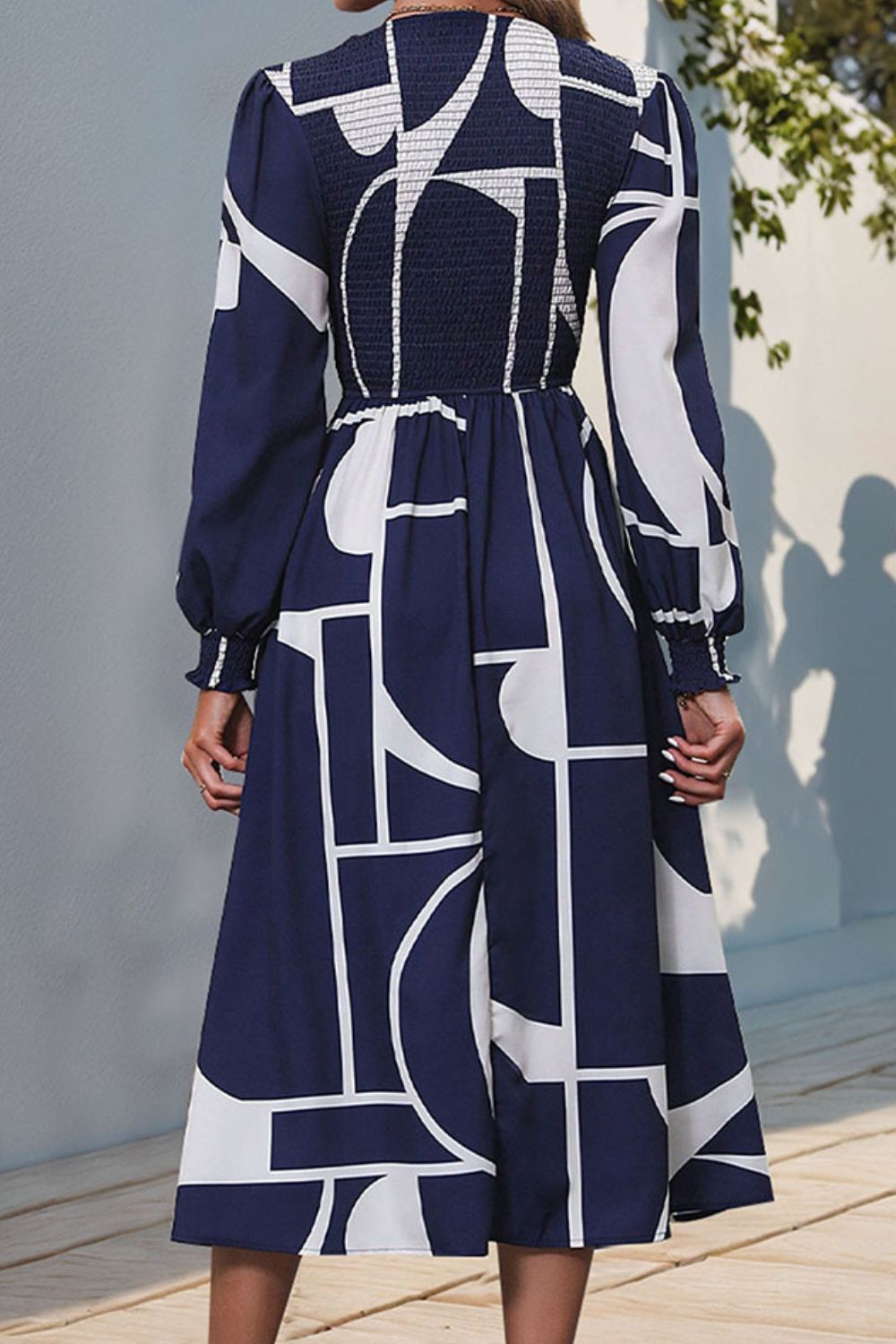 Perfee Smocked Color Block Long Sleeve Midi Dress - ShopEasier