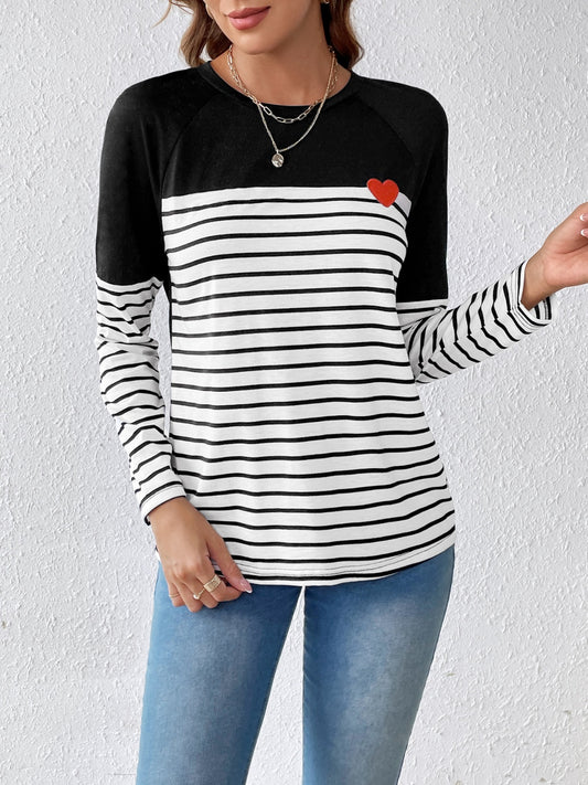 Contrast Striped Long Sleeve Round Neck Tee