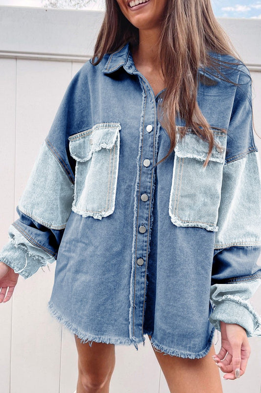 Raw Hem Color Block Denim Jacket - ShopEasier