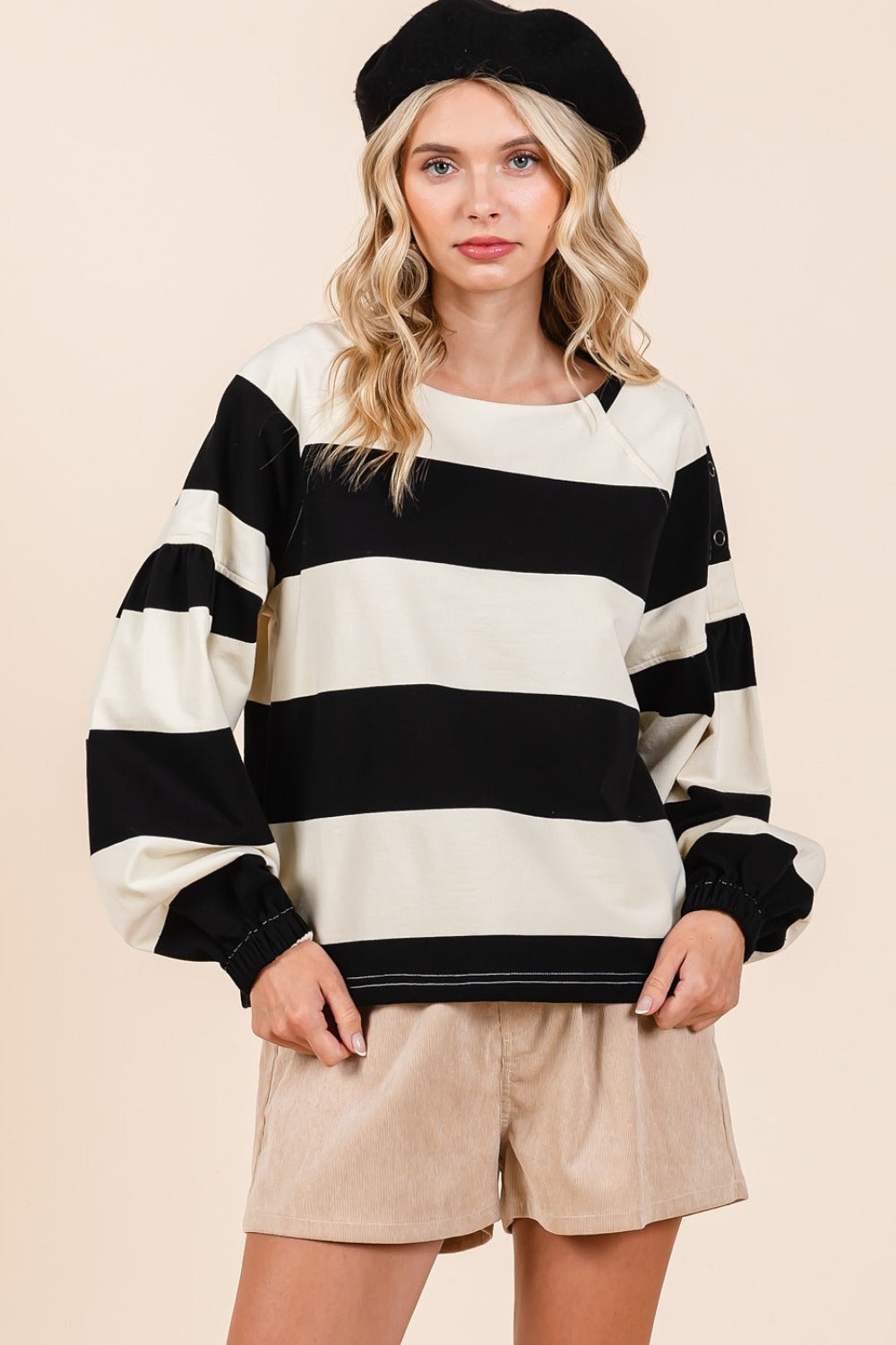 Chic Striped Long Sleeve T-Shirt with Snap Shoulder Detail