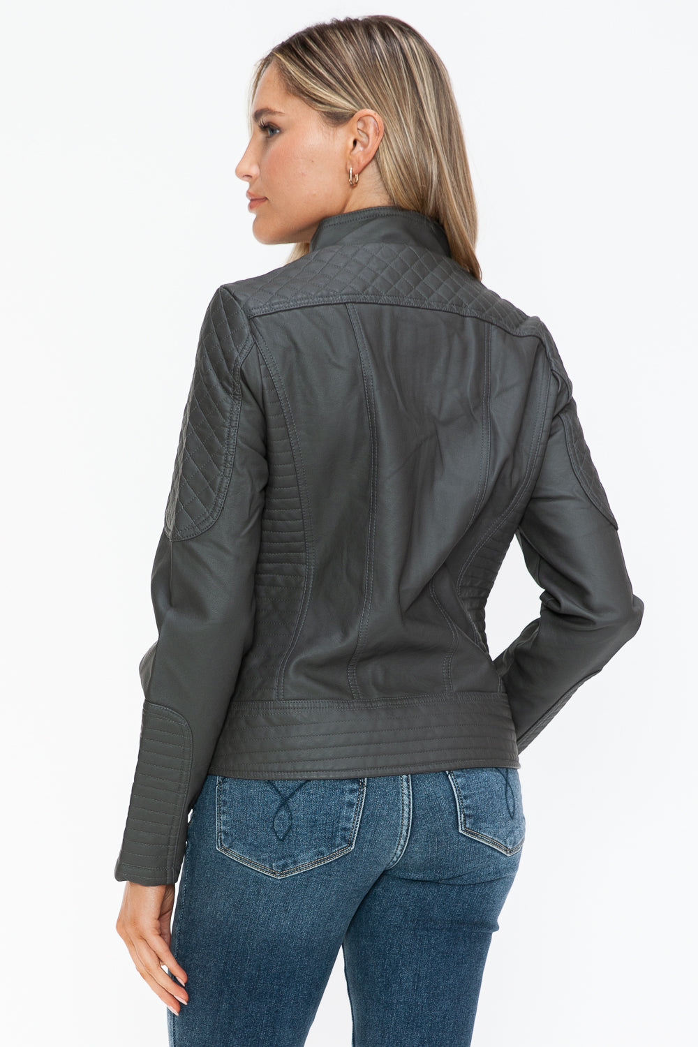 Snobbish Faux Leather Zip Up Mock Neck Jacket - ShopEasier