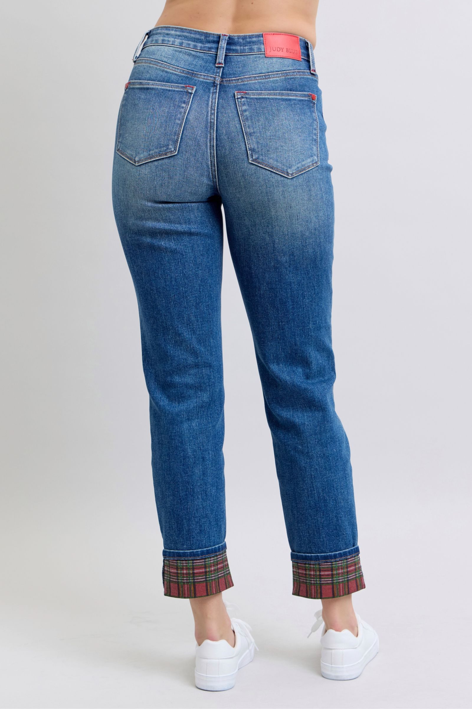 Judy Blue Full Size Plaid Print Cuff Straight Leg Jeans with Pockets - ShopEasier