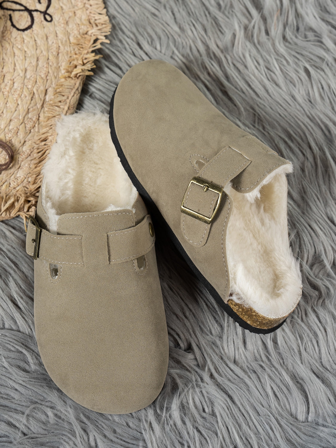 Faux Fur-Lined Suede Slip-On Slippers