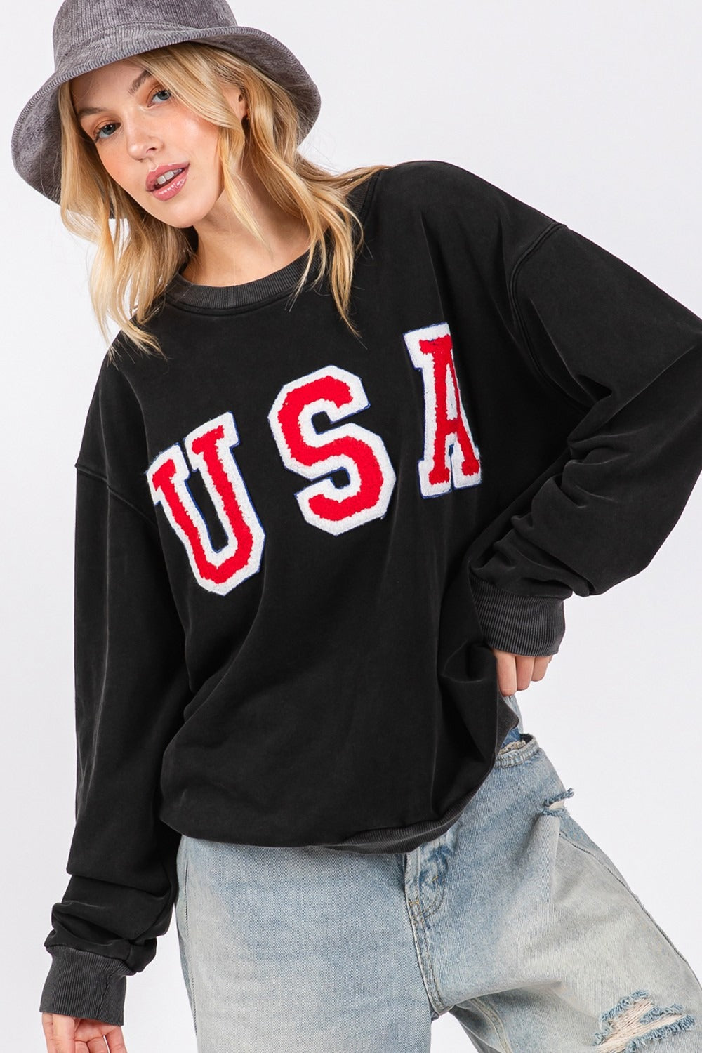 USA Letter Patch Classic Round Neck Sweatshirt by SAGE + FIG