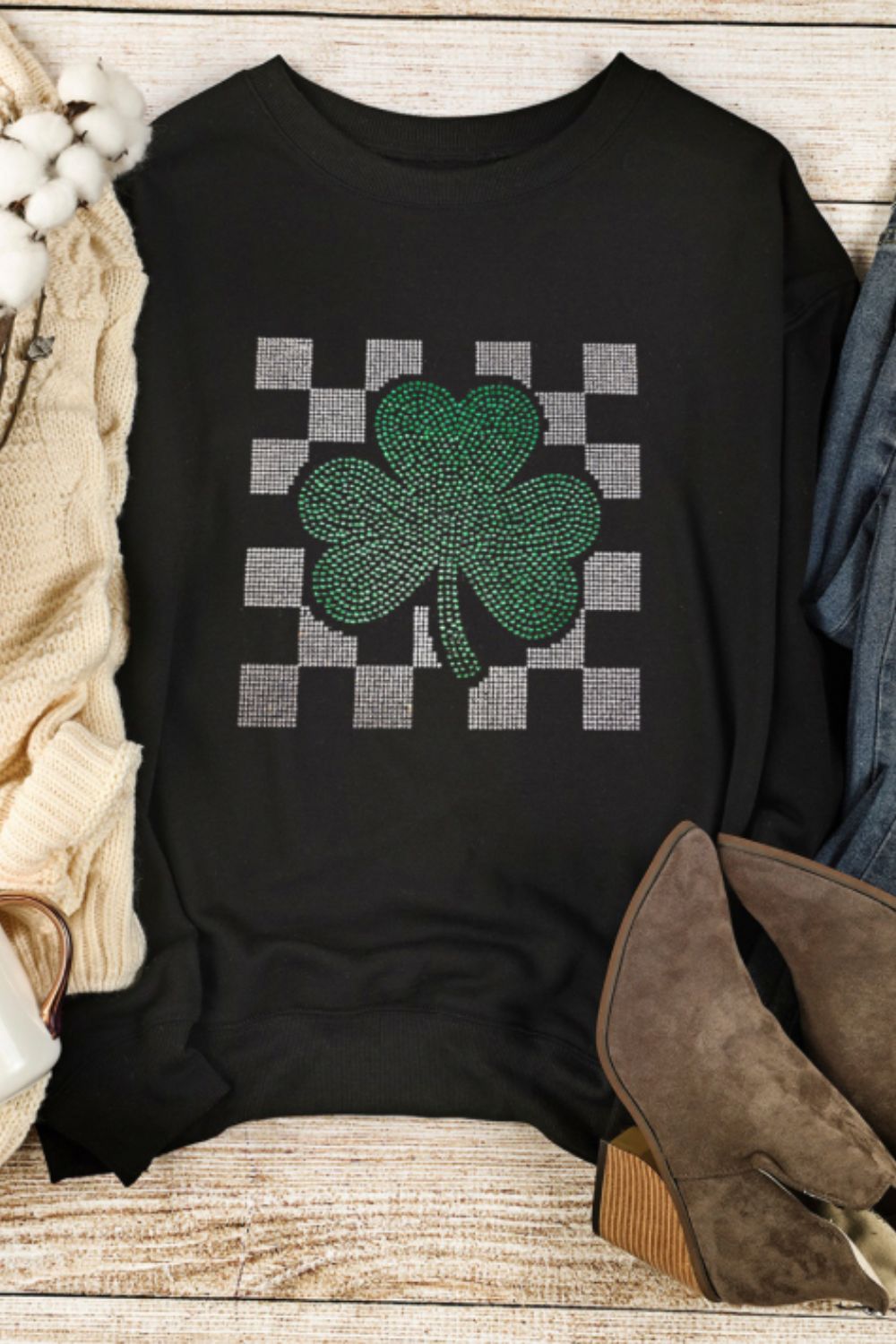 Rhinestone-Embellished Checkered Clover Crewneck Sweatshirt