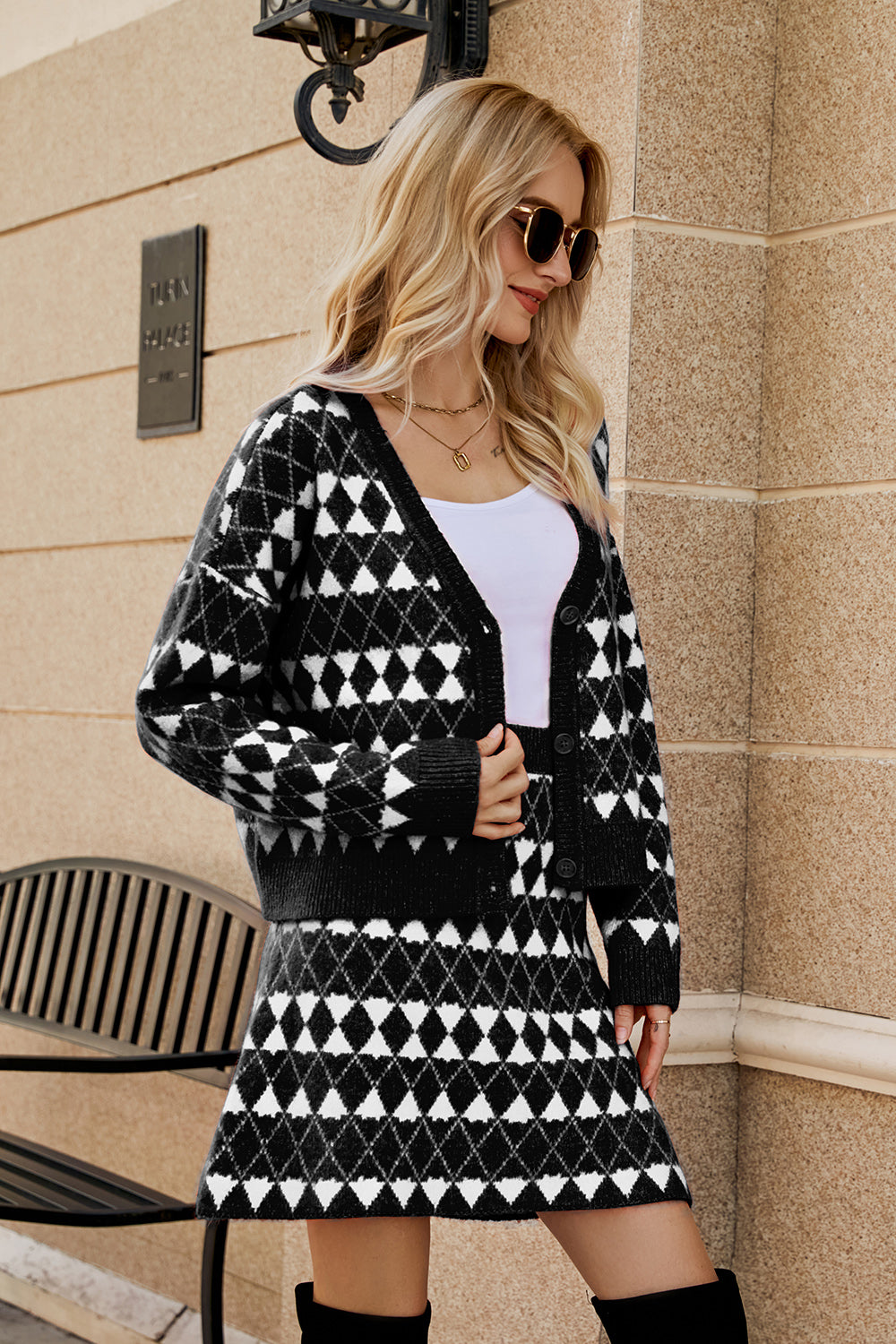 Sleek Geometric Knit Cardigan and Skirt Ensemble