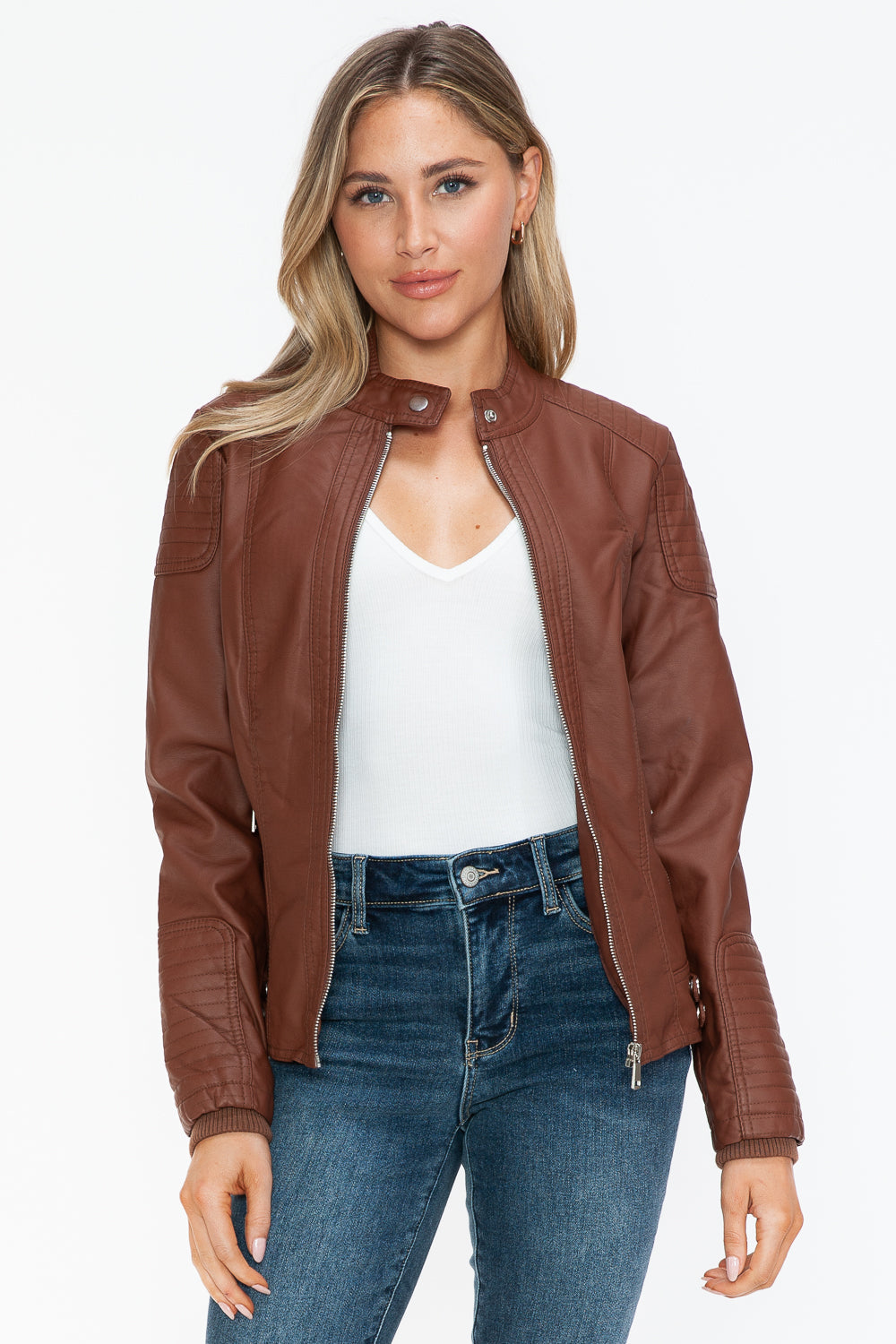 Snobbish Faux Leather Biker Jacket with Side Zip Pockets - ShopEasier