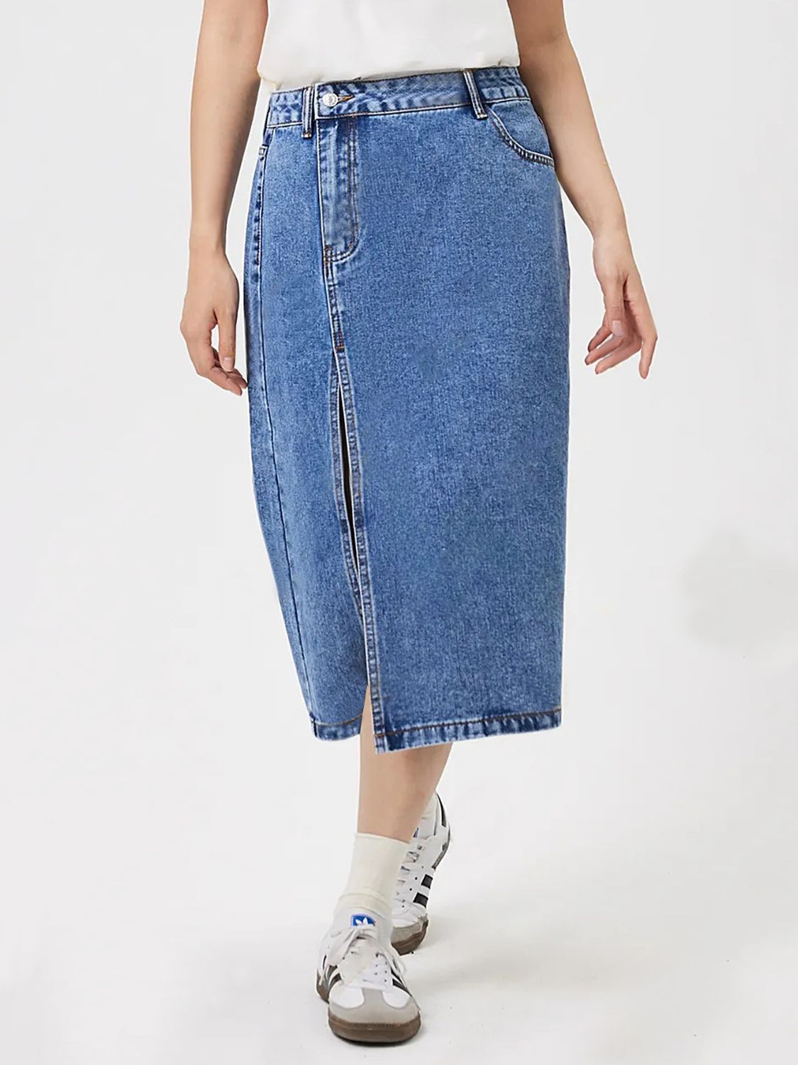 Slit Midi Denim Skirt with Pockets - ShopEasier