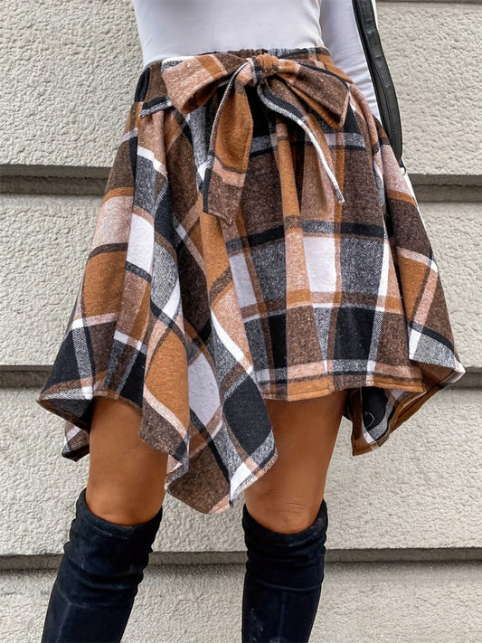 Tied Plaid High-Low Hem Skirt