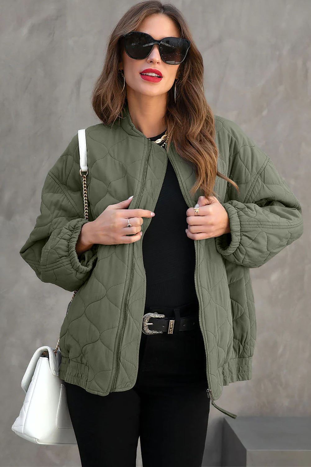 Zip Up Drop Shoulder Long Sleeve Puffer Jacket - ShopEasier