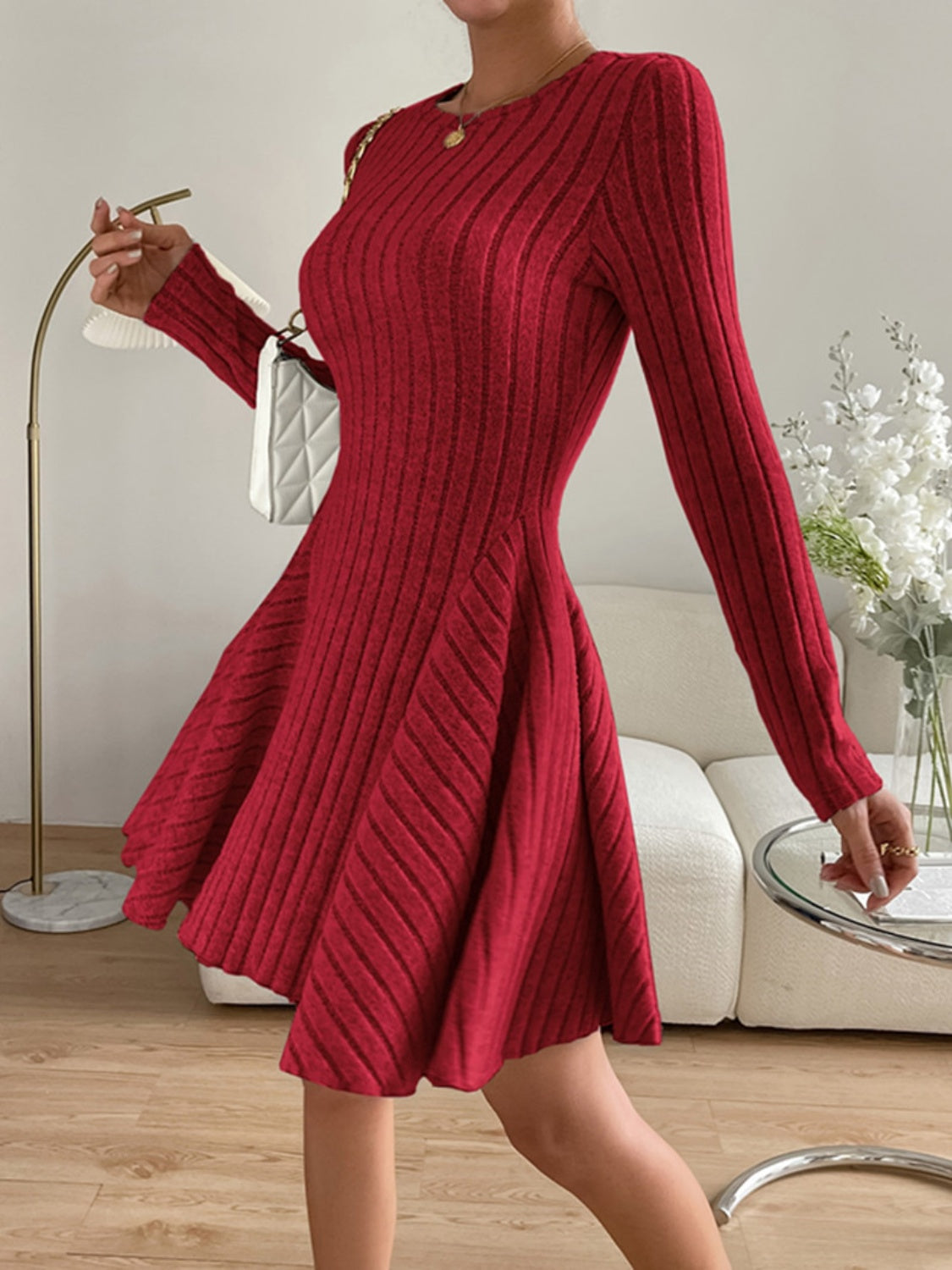 Ribbed Round Neck Long Sleeve Dress - ShopEasier