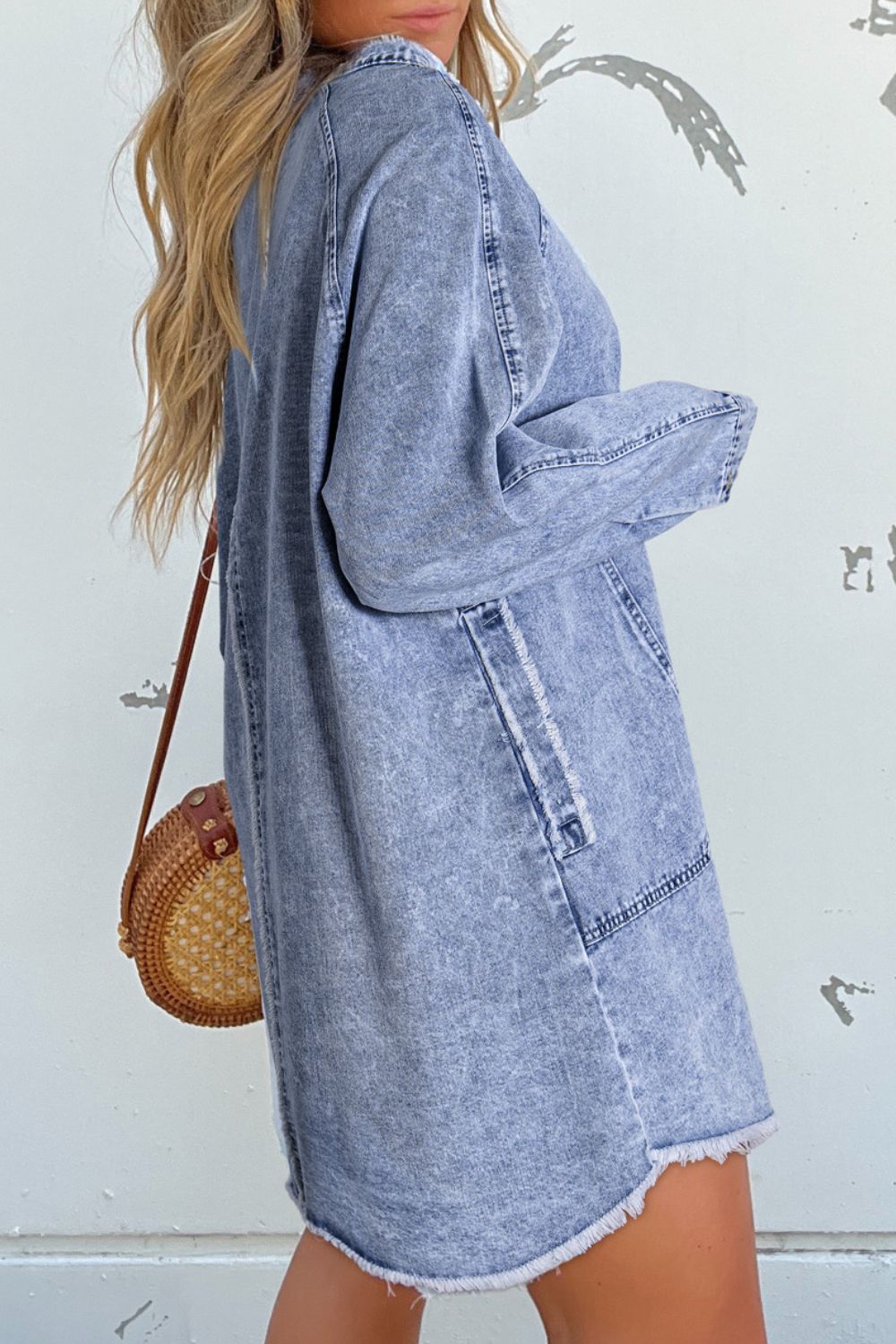 Raw Hem Button Down Long Sleeve Denim Dress - ShopEasier