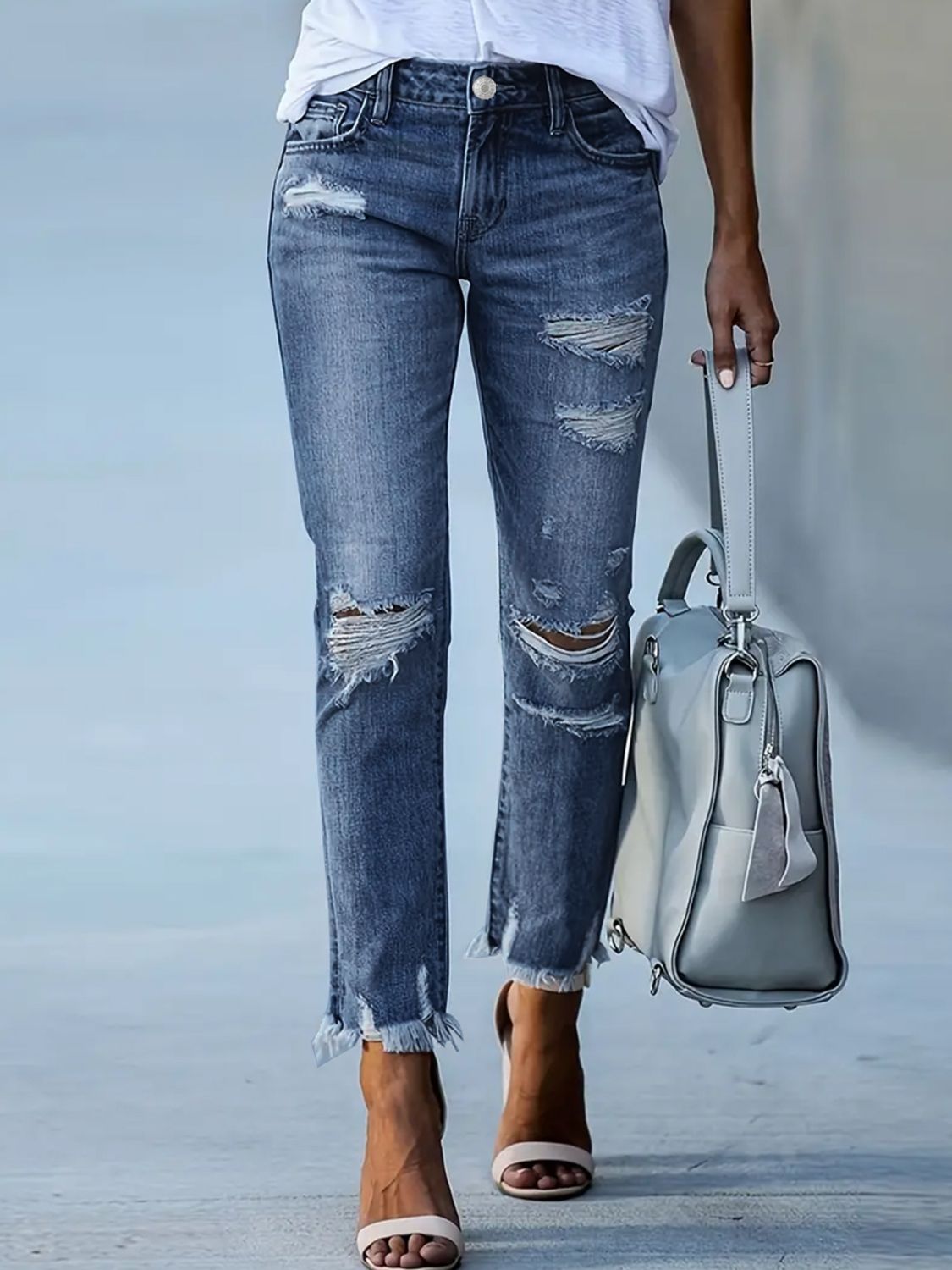 Distressed Raw Hem Jeans with Pockets - ShopEasier