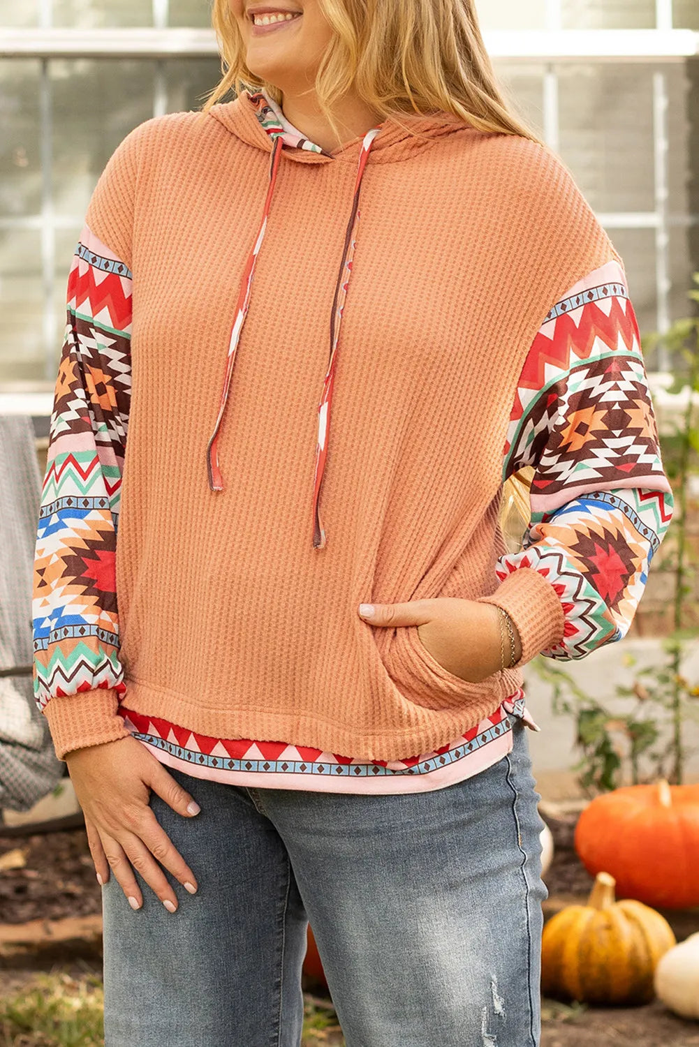 Geometric Plus Size Long Sleeve Hoodie with Drawstring