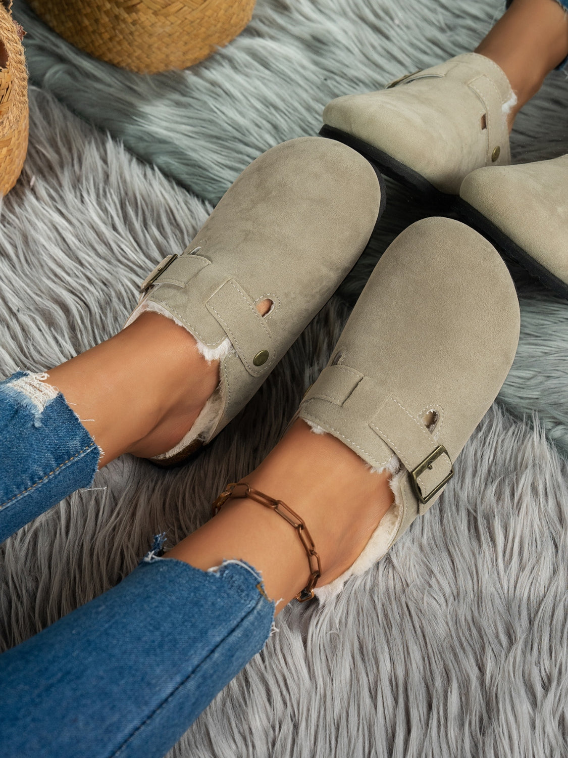 Faux Fur-Lined Suede Slip-On Slippers