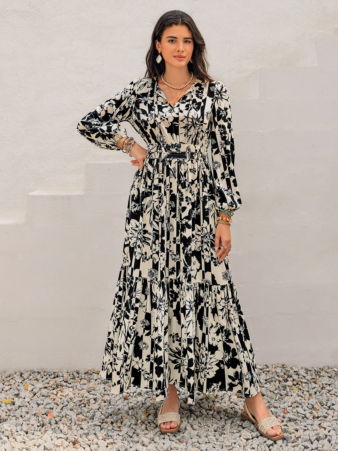 Smocked Printed Tie Neck Long Sleeve Dress - ShopEasier