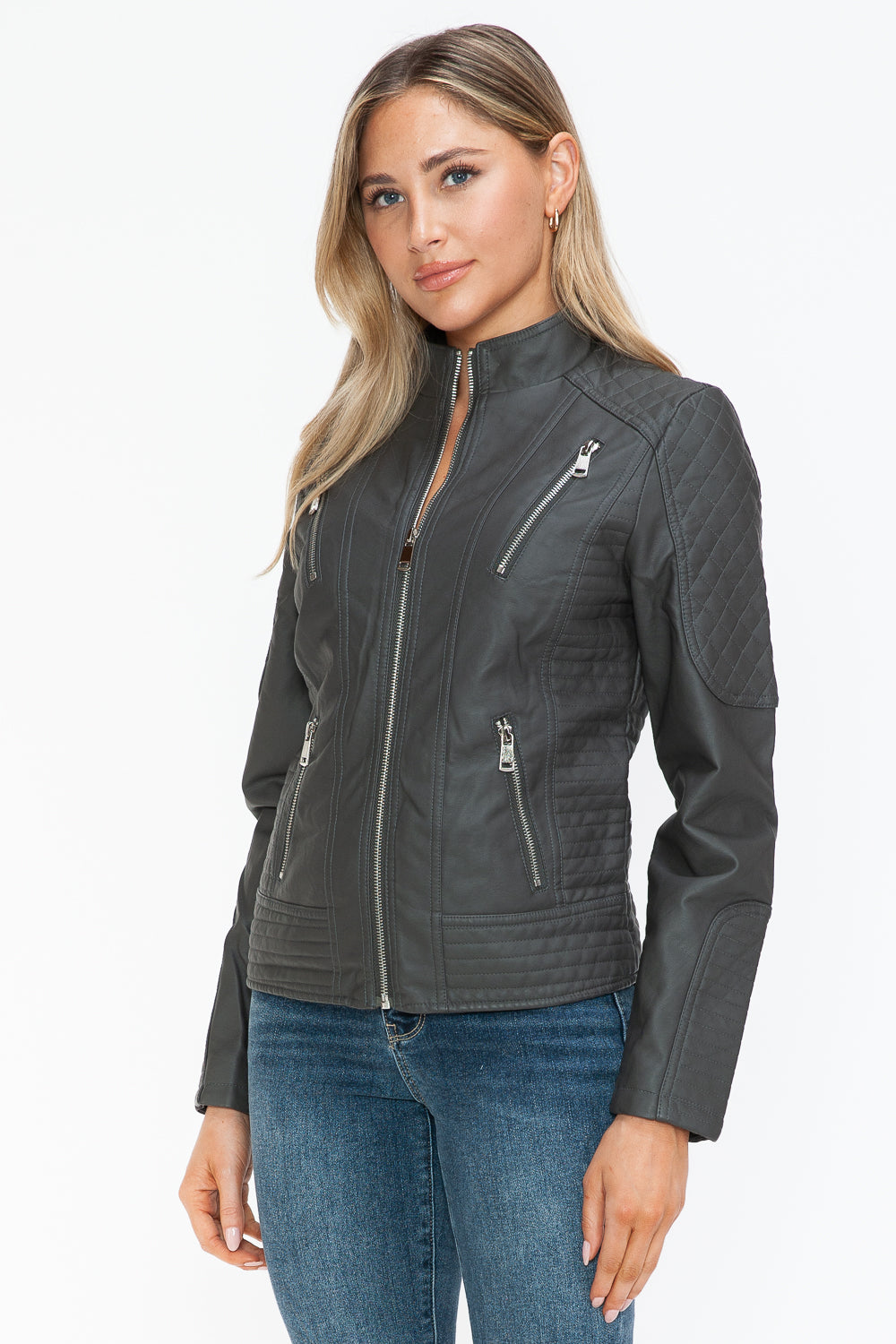 Snobbish Faux Leather Zip Up Mock Neck Jacket - ShopEasier