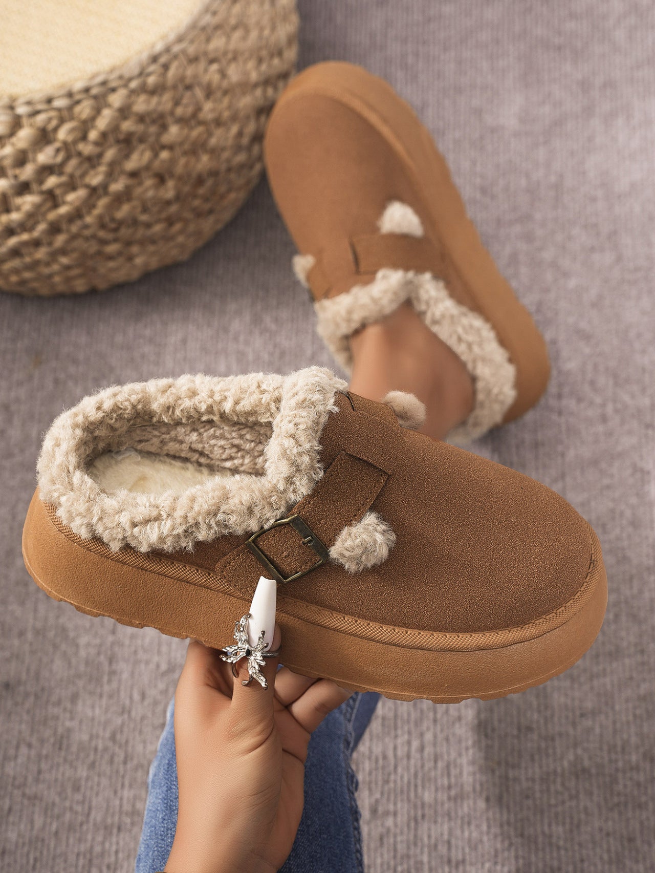 Cozy Faux Fur Buckle Platform Slippers