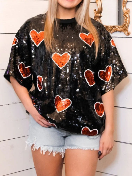 Sparkling Sequin Heart Half Sleeve Top for Valentine's Day